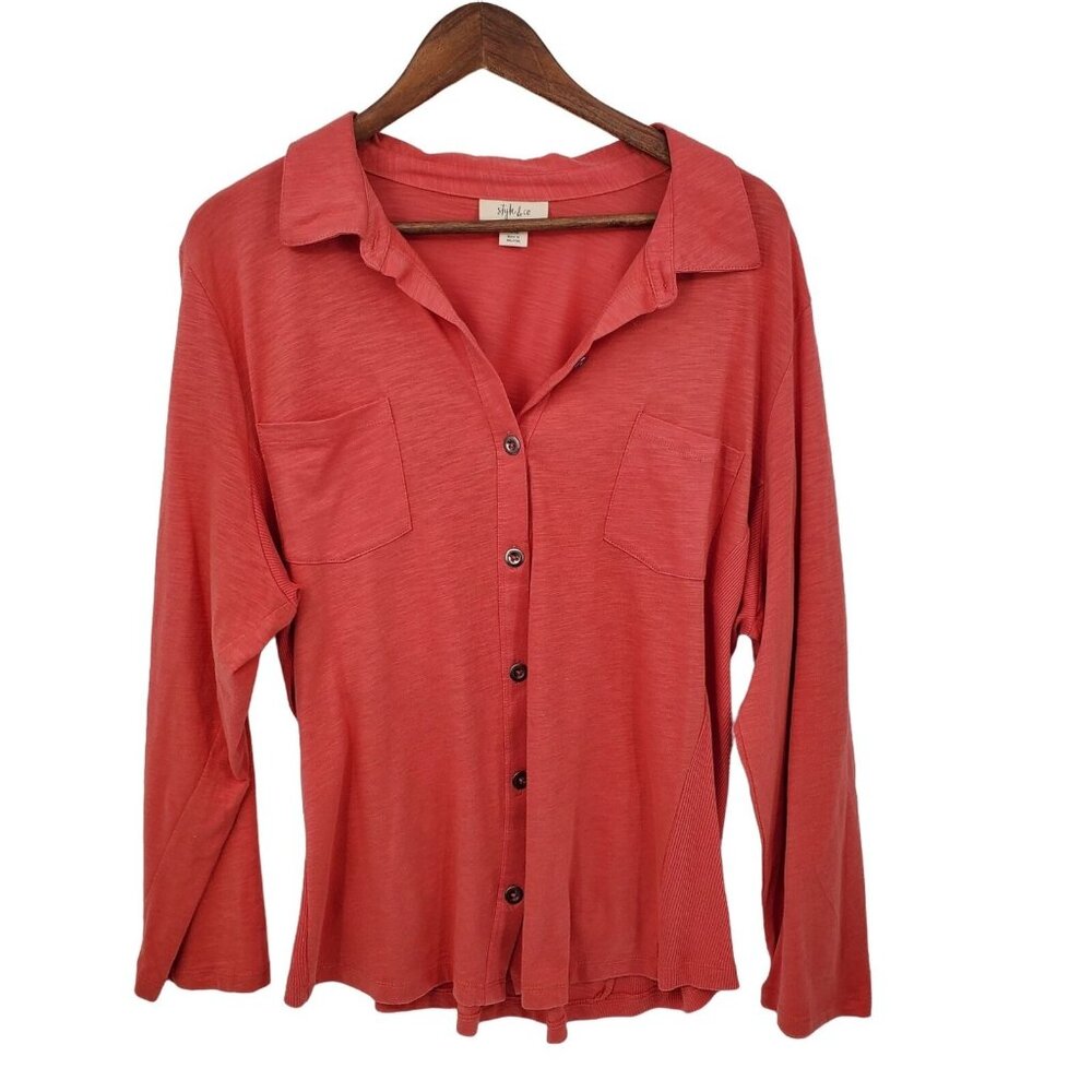 Womens Coral‎ Orange Button Front Blouse 2XL V-Neck Top Long Sleeve Style & Co